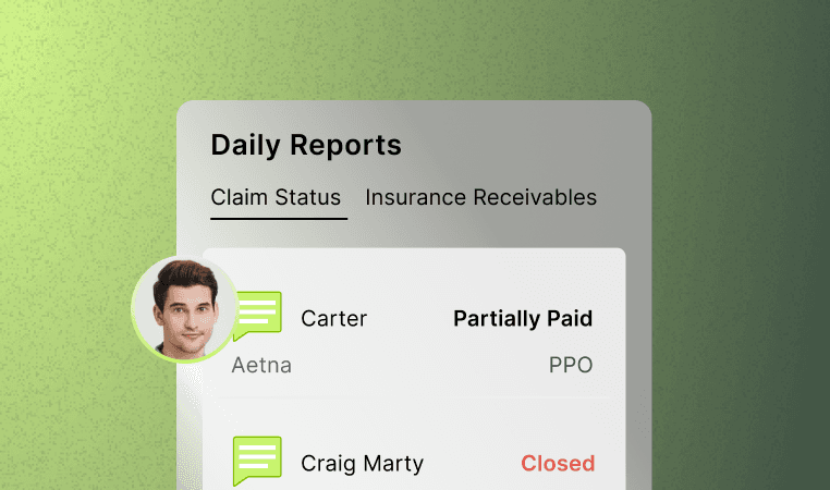 Interface showing daily reports with tabs for claim status and insurance receivables. Includes user profiles with payment statuses.