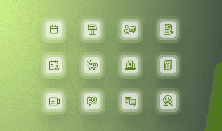 A grid of twelve green icons on a gradient background, featuring symbols like a scheduling, clinical, text messaging, and teledentistry.