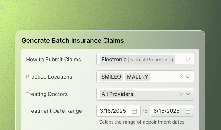 Interface for generating batch insurance claims, with options for submission method, practice locations, treating doctors, and treatment date range.