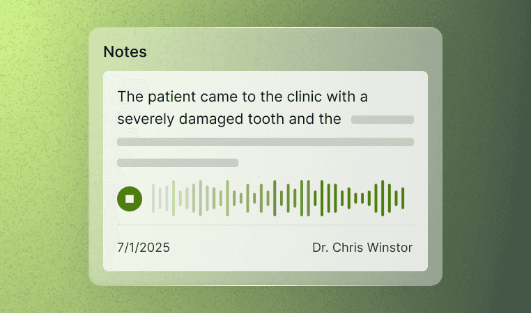 Digital note with text about a patient’s damaged tooth, a green audio waveform, play button, date 7/1/2025, and Dr. Chris Winstor's name.